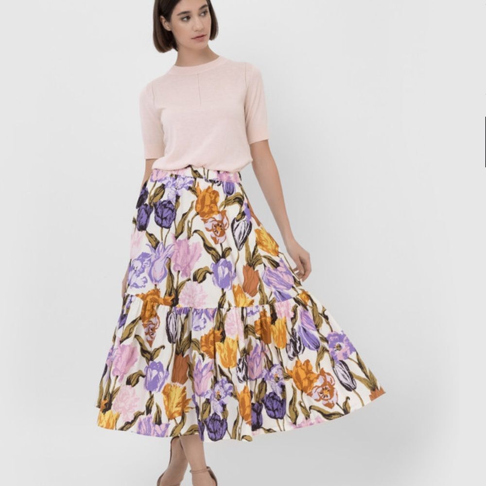 Boutique Floral Tulip 100% Cotton Midi Skirt with Pockets